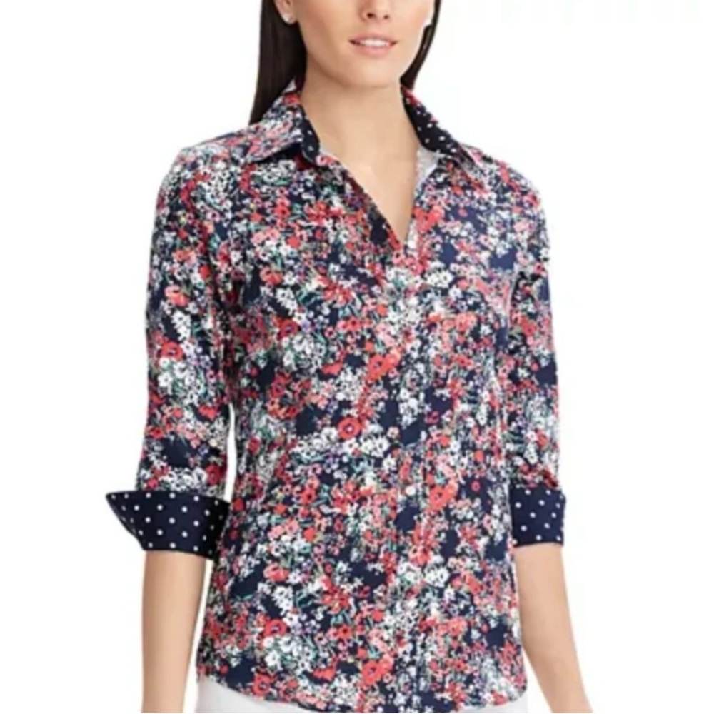 CHAPS Floral No-Iron Easy-Care Slimming Fit‎ Shirt Polka-Dot Contrast Sz L - NWT